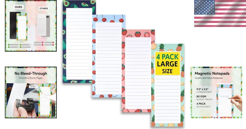 Stylish Magnetic Notepads - Durable 4-Pack with Fruit Theme for Easy Note Taking