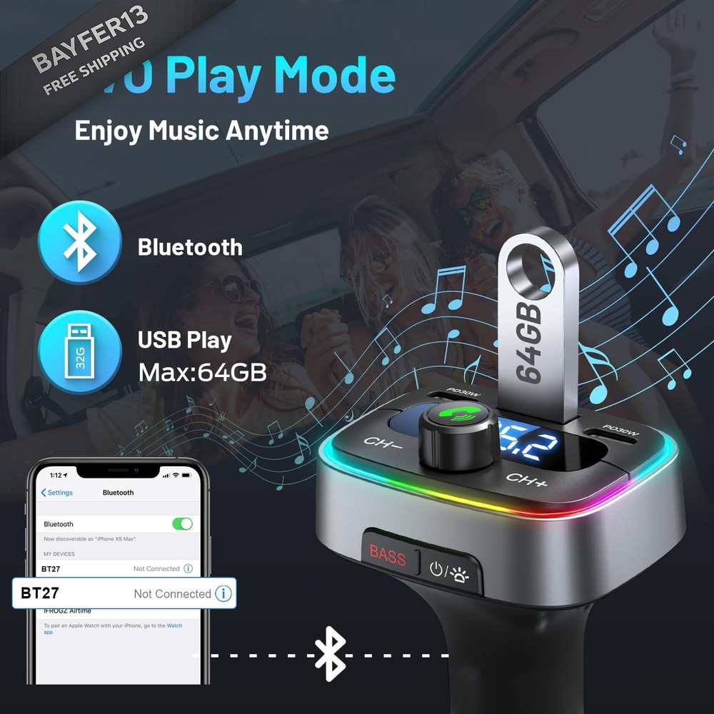 HUNDRUP Bluetooth 5.4 Car Adapter 60W Charging USB Black