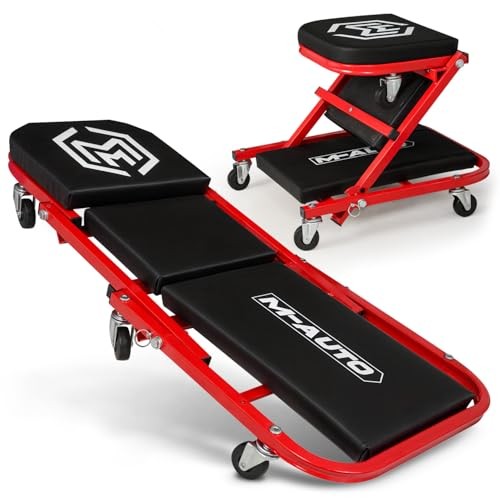 40-Inch Folding Creeper Rolling Seat, All-in-One Adjustable Roller 40" Red