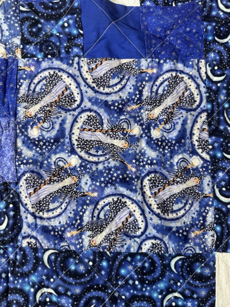 Handmade Modern Quilt Blue Celestial Wizard 9 Square Flannel Back Queen Signed