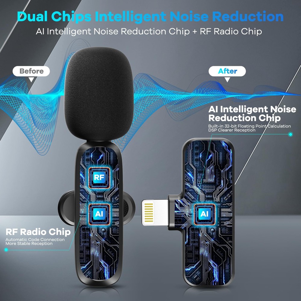 ODGG 2 Pack Wireless Lavalier Microphone for iPhone 15, USB C Lightning