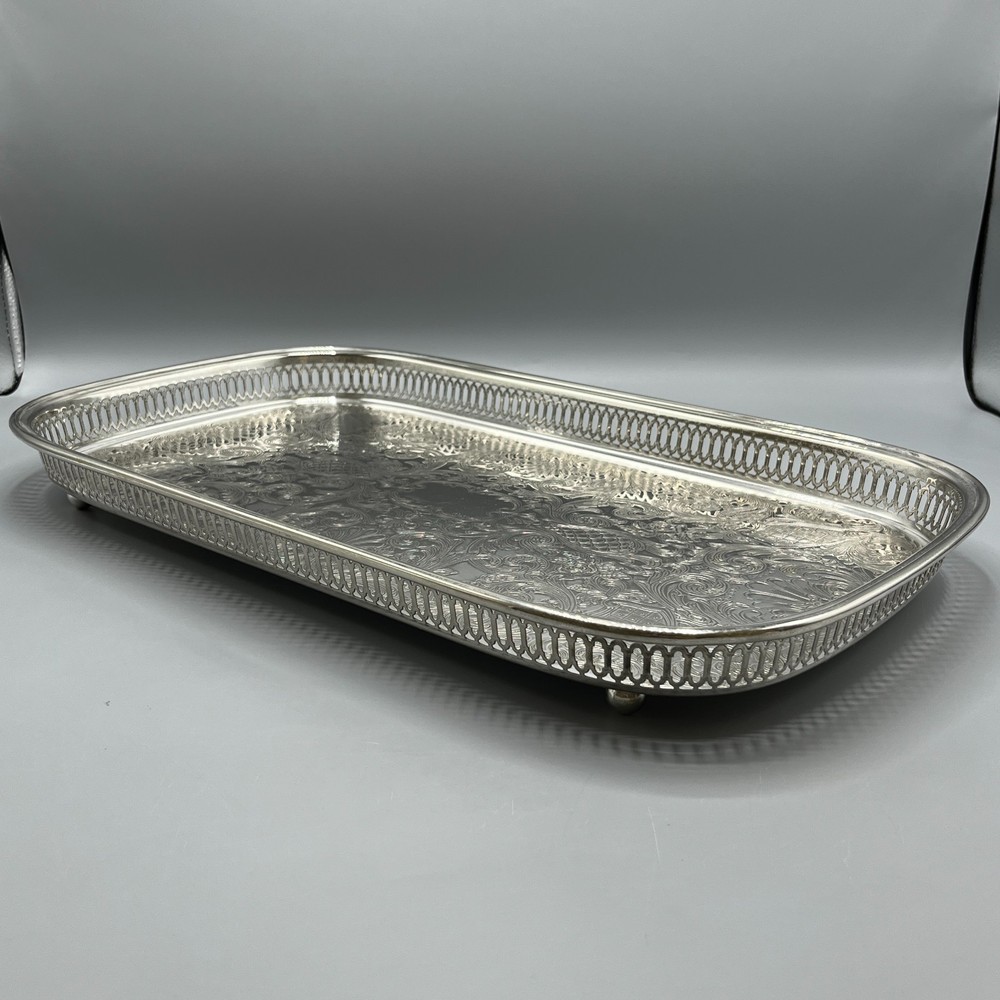 Large Vintage Silver Plated Rectangular Gallery Tray Footed Long Cocktail Drinks
