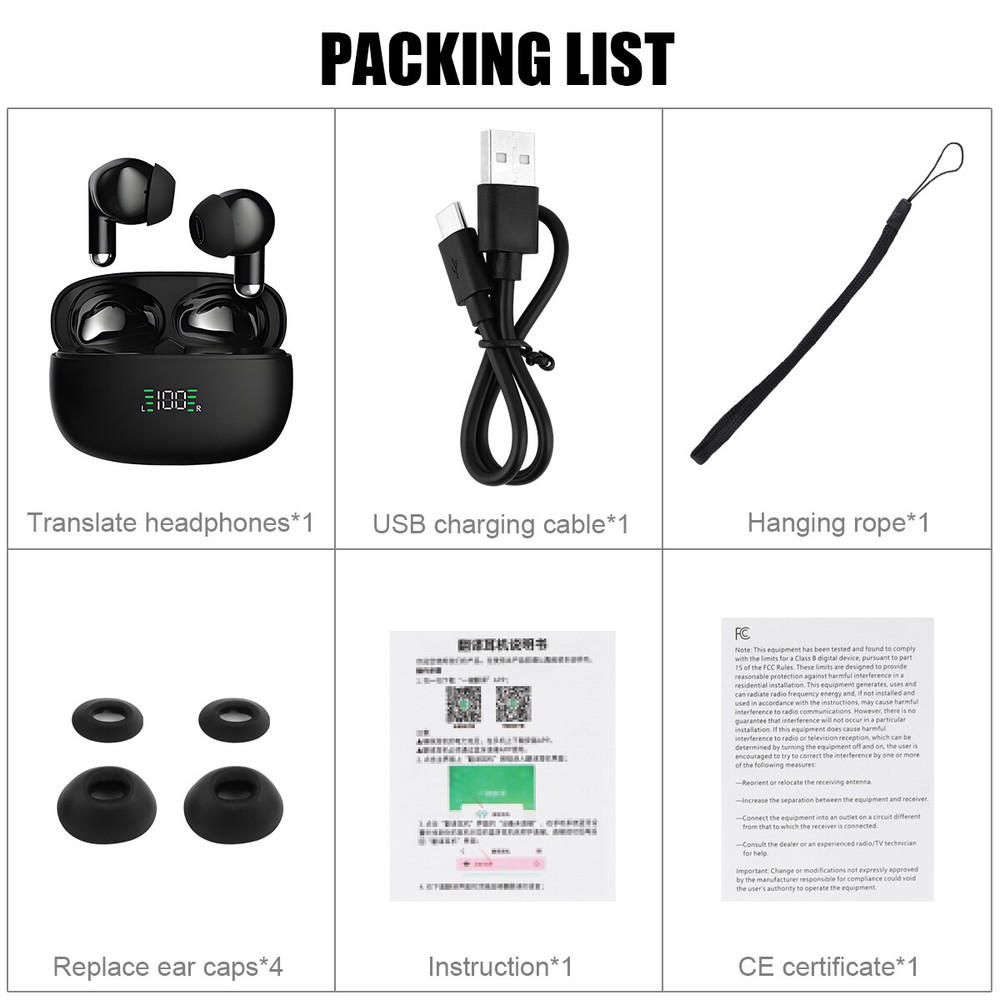 144 Language Translator Earbuds Wireless Bluetooth Two Way Translator Device BK