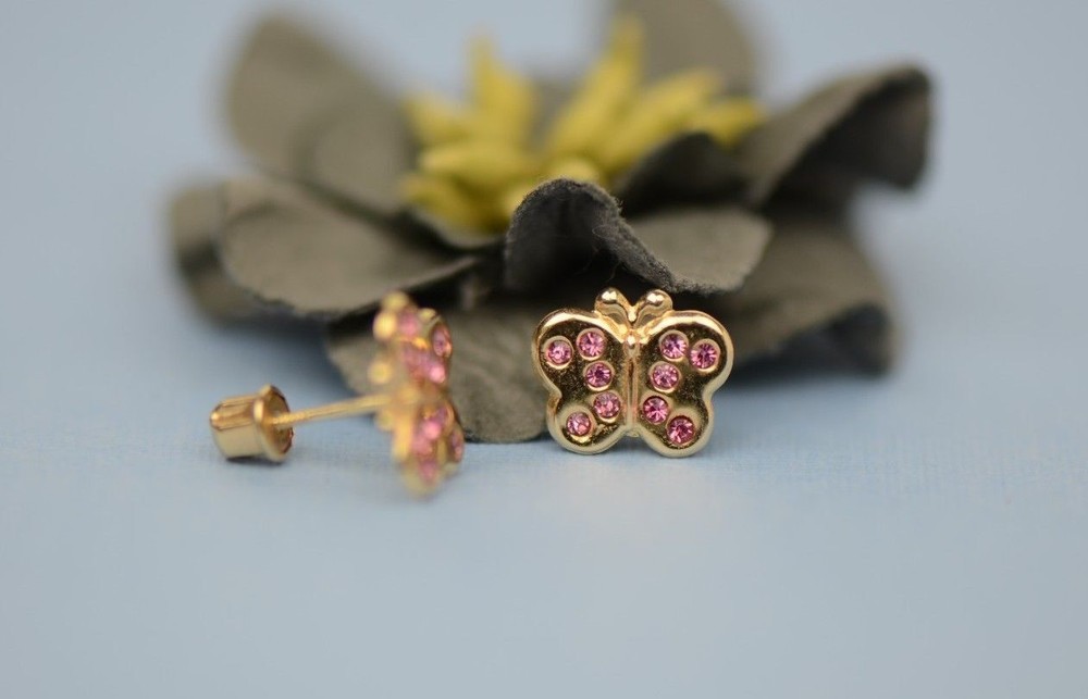 14K Solid Yellow Gold Butterfly Stud Earring with CZ
