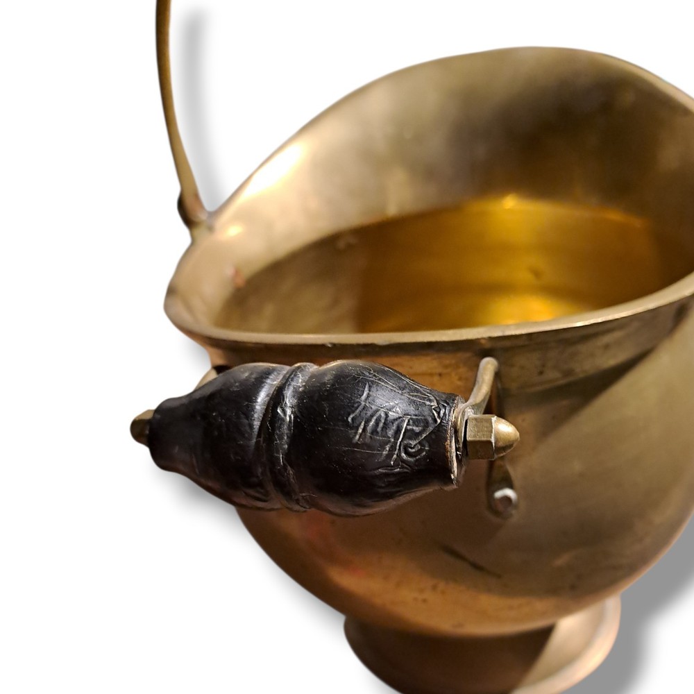 Vintage Solid Brass Coal Scuttle Copper Rivets Ornate Handle 1920s Fireplace