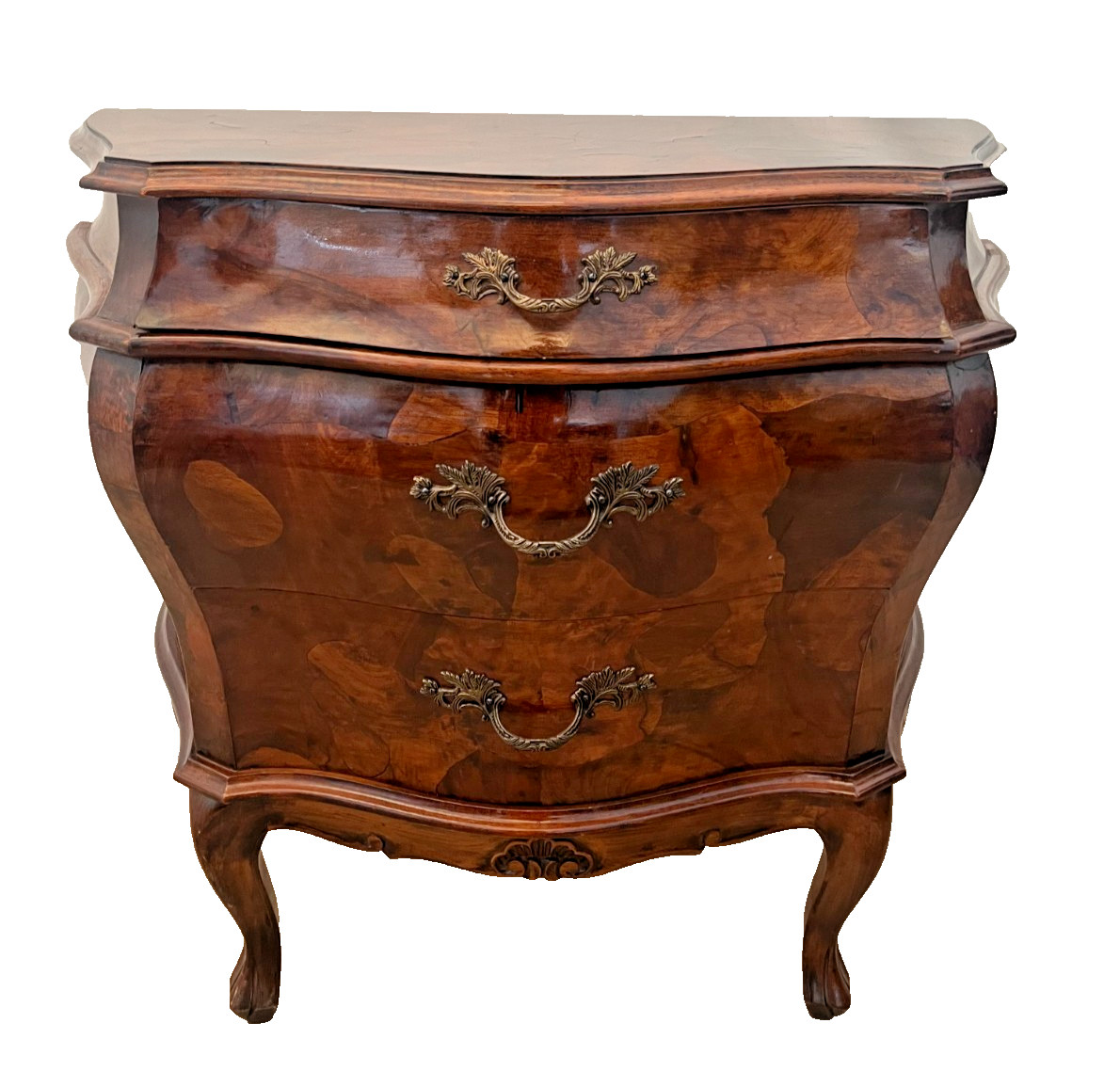 Vintage Venetian Bombe Commode Small Chest of Drawers Burl Turtle shell walnut