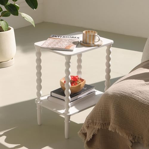 End Table, Small Side Table with Storage Shelf, 2-Tier Modern NightStand White