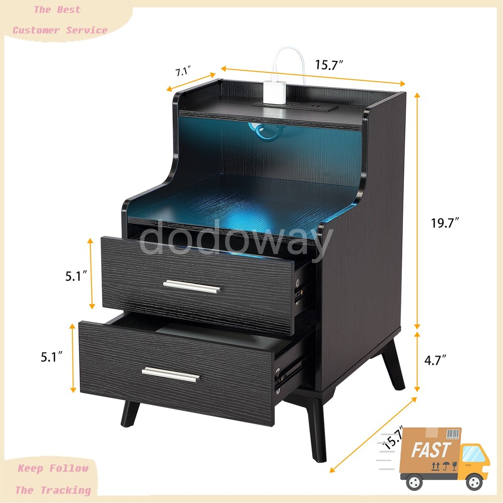 2 Set Black Bedside Table Nightstand End Side Table With USB Charging Station