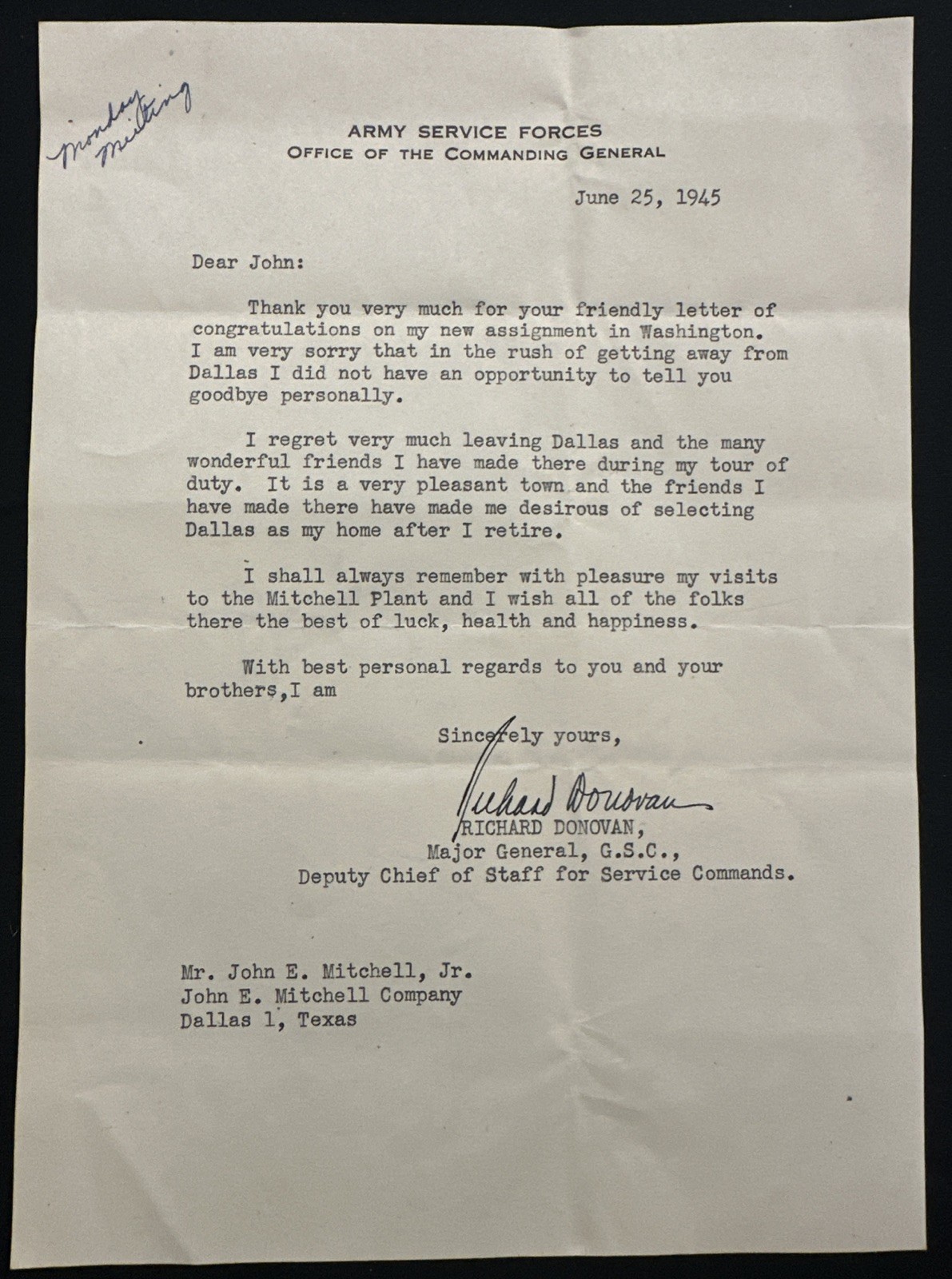 WWII Maj Gen Richard Donovan Signed 1945 Army Service Forces Letter Dallas TLS