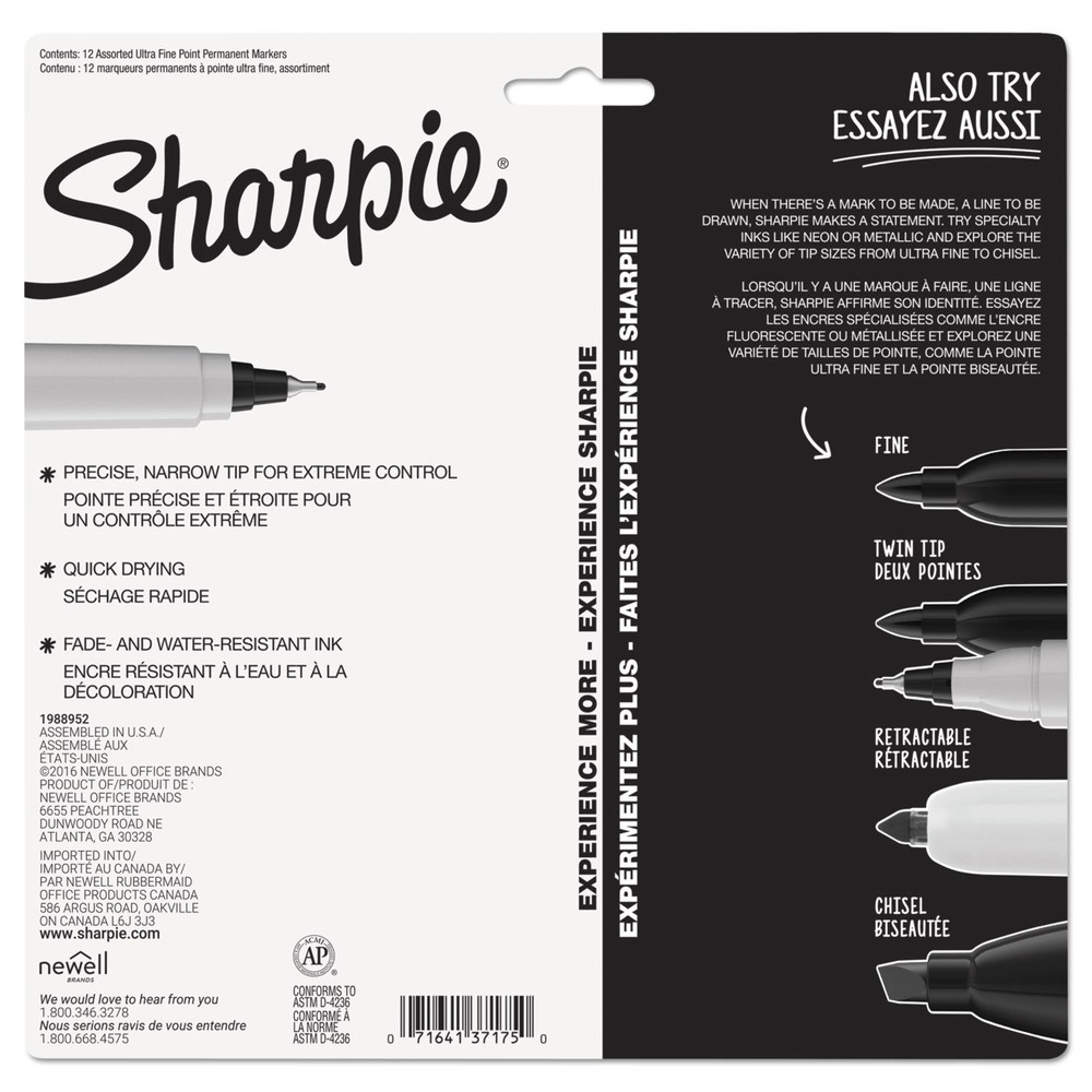 Sharpie Permanent Markers Ultra Fine Point Assorted Colors 12 Count