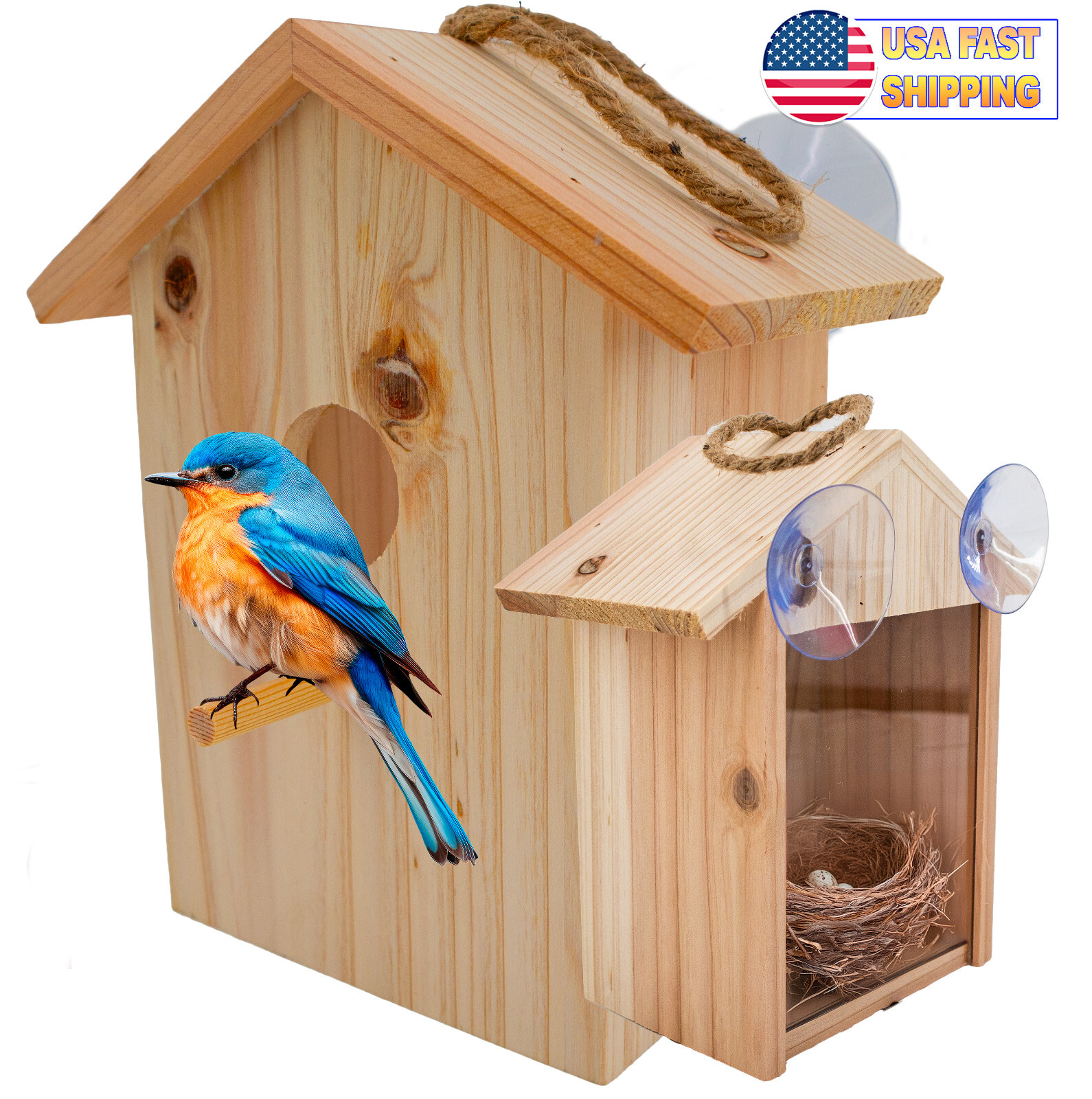See Through Window Bird house, Wooden Birdhouse - Suction Cup Bird Nesting Box