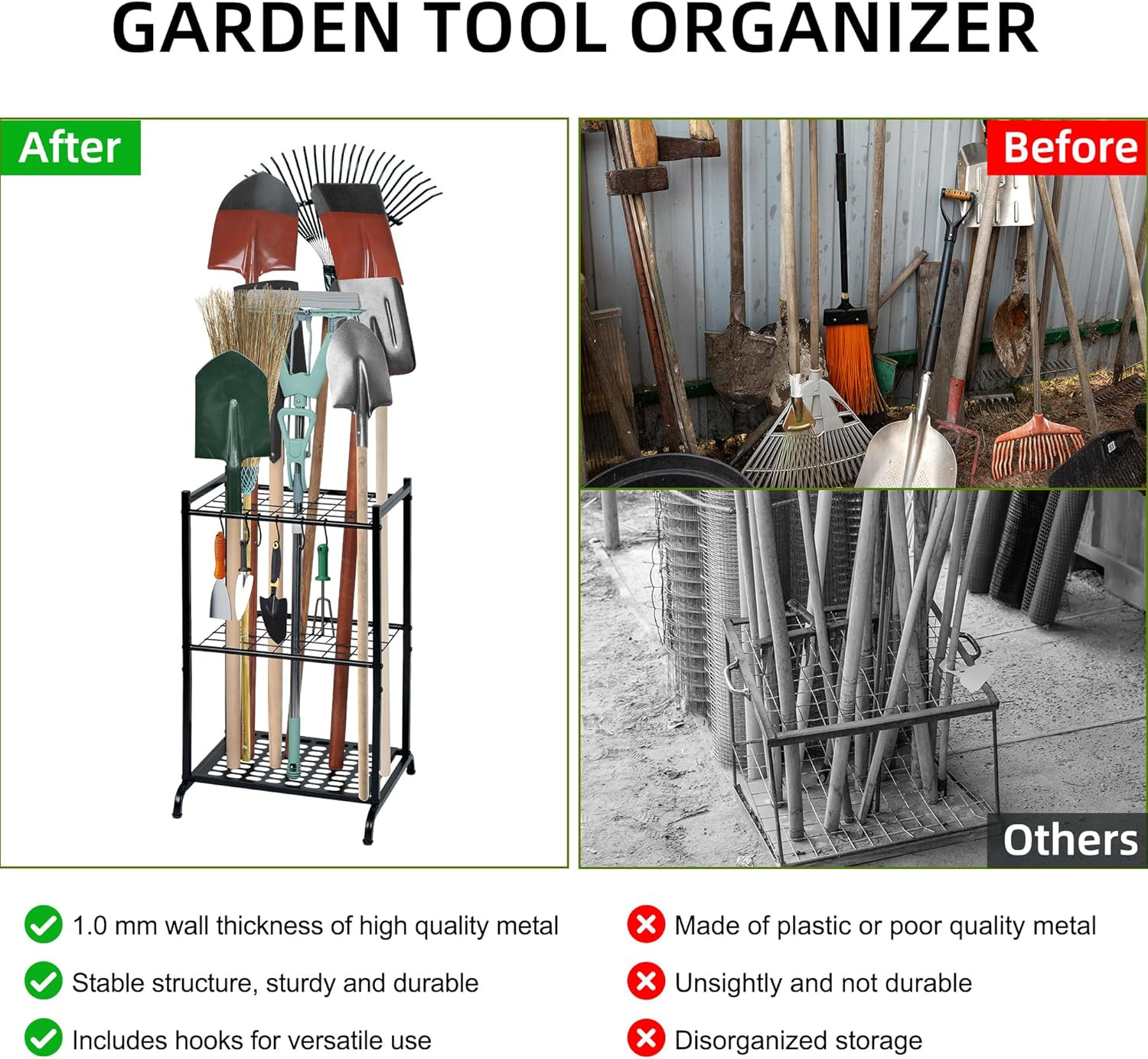 Garden Tool Organizer with Storage Hooks, Yard Tool Tower Rack for Garage Organi