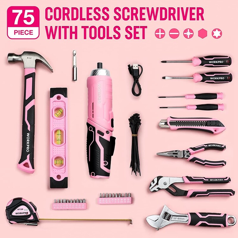 WORKPRO 75PCS Pink Tools Set Rotatable Cordless Screwdriver&Household Tool Kit
