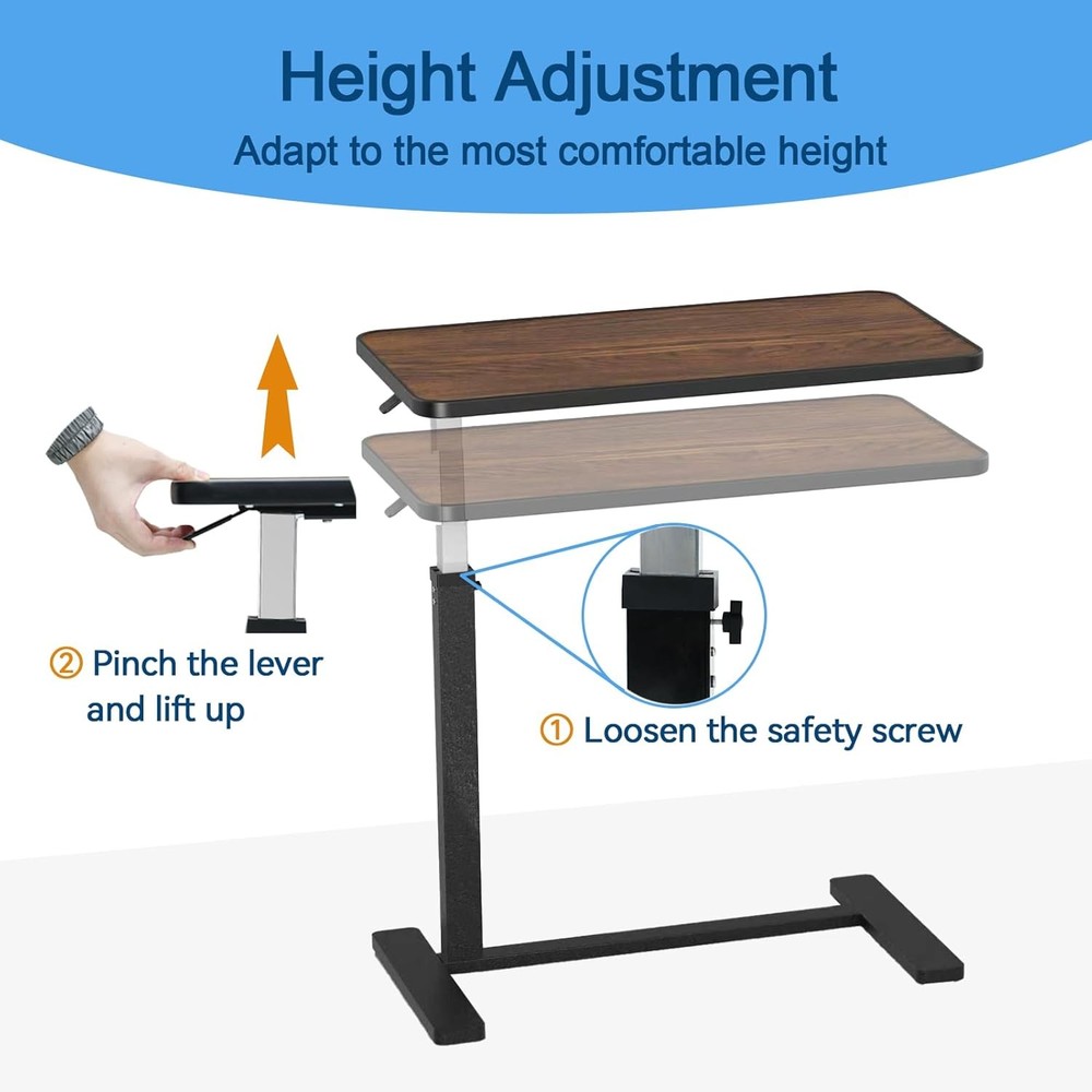 Adjustable Overbed Table W/ Invisible Wheels Bedside Table ，Standing Desk