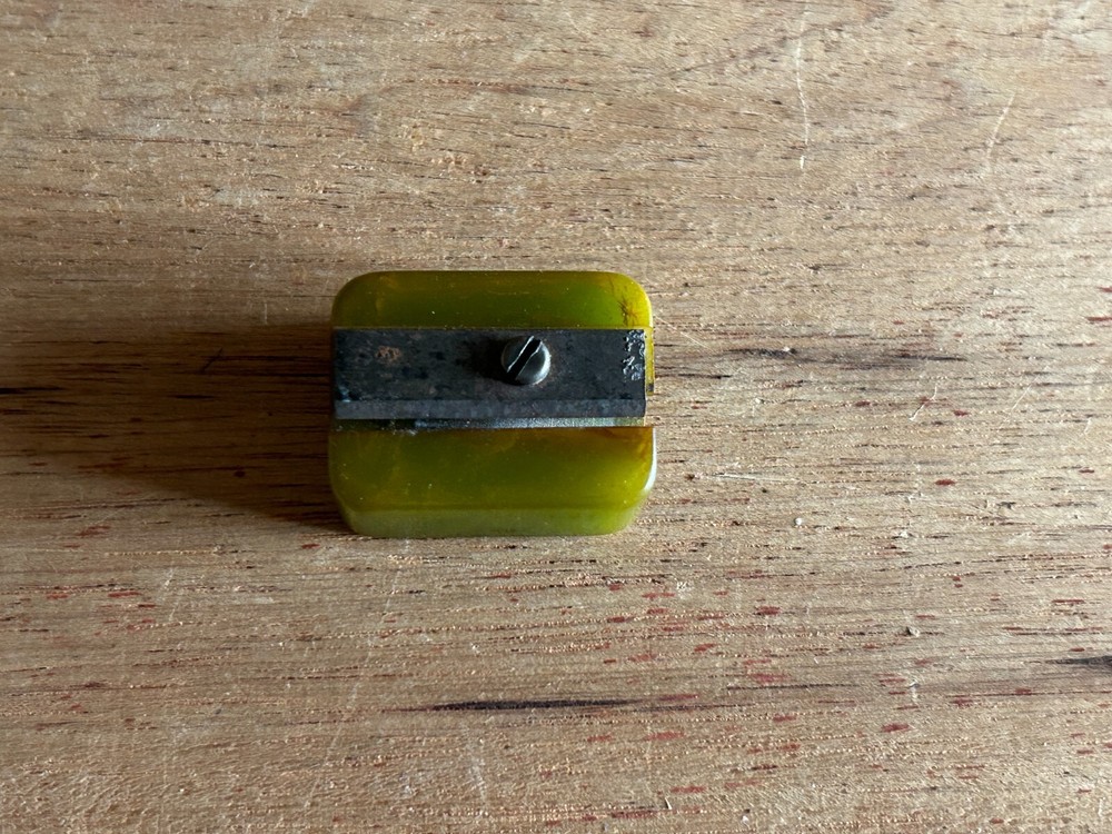 Green Bakelite Pencil Sharpener Catalin Swirled Small School Vintage Rectangle