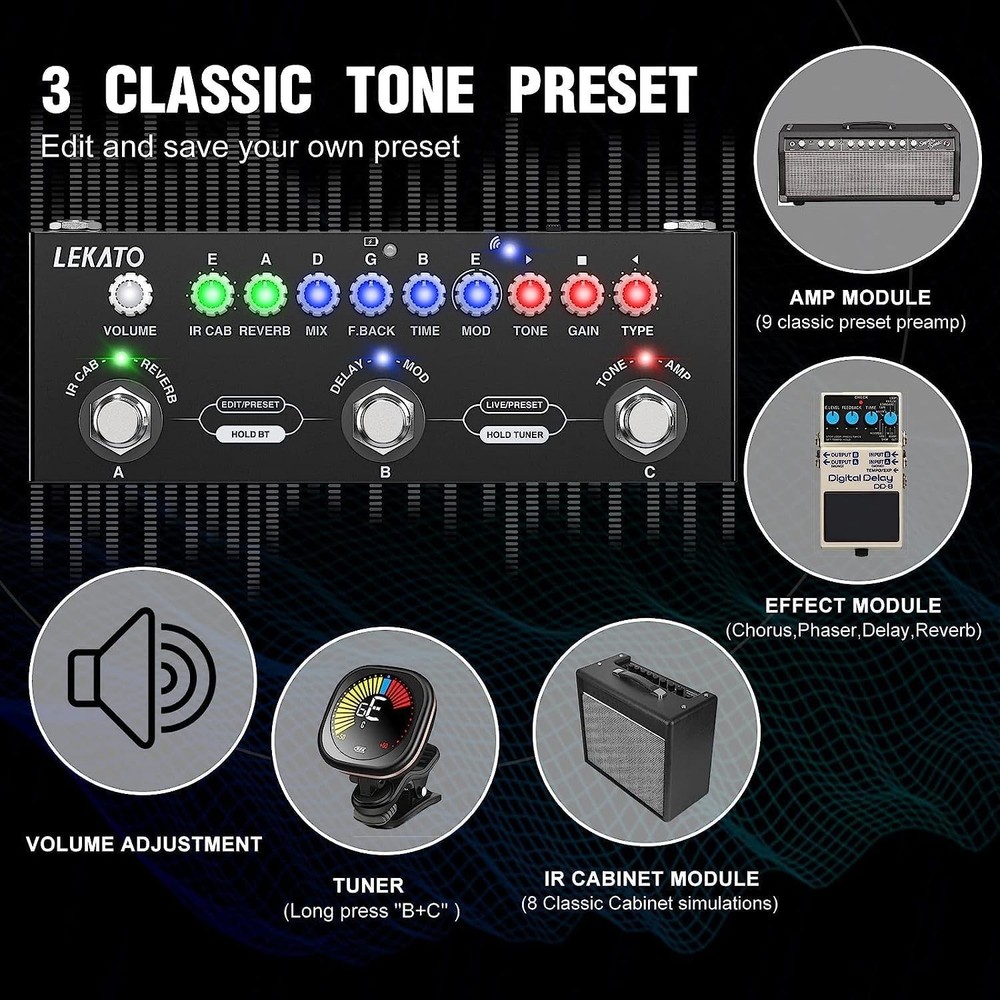 Multi Effects Guitar Pedal: 9 AMP Models, USB & Bluetooth Recording Support