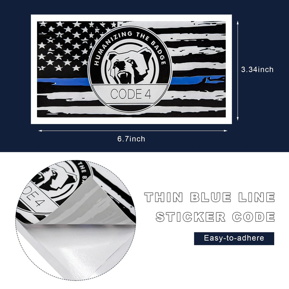 BWBWND 4 PCS Thin Blue Line Sticker Code 4, Reflective White & Black &