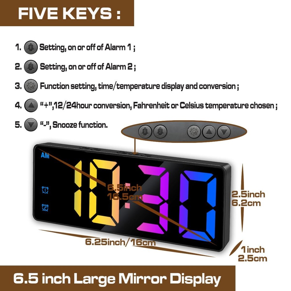 Small Digital Alarm Clock Mirror LED Display Adjustable Brightness Black Case