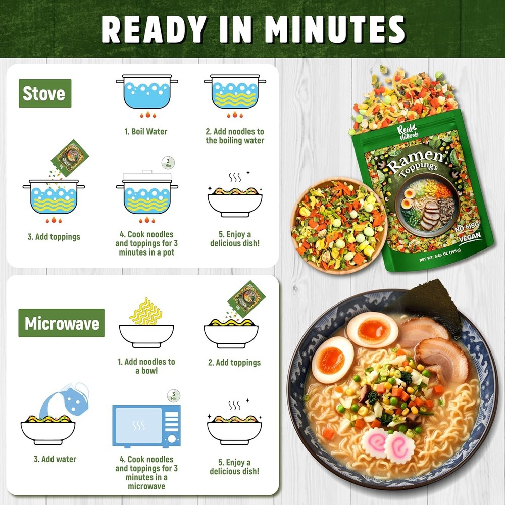 Dried ramen toppings. Dehydrated vegetables for topper include...