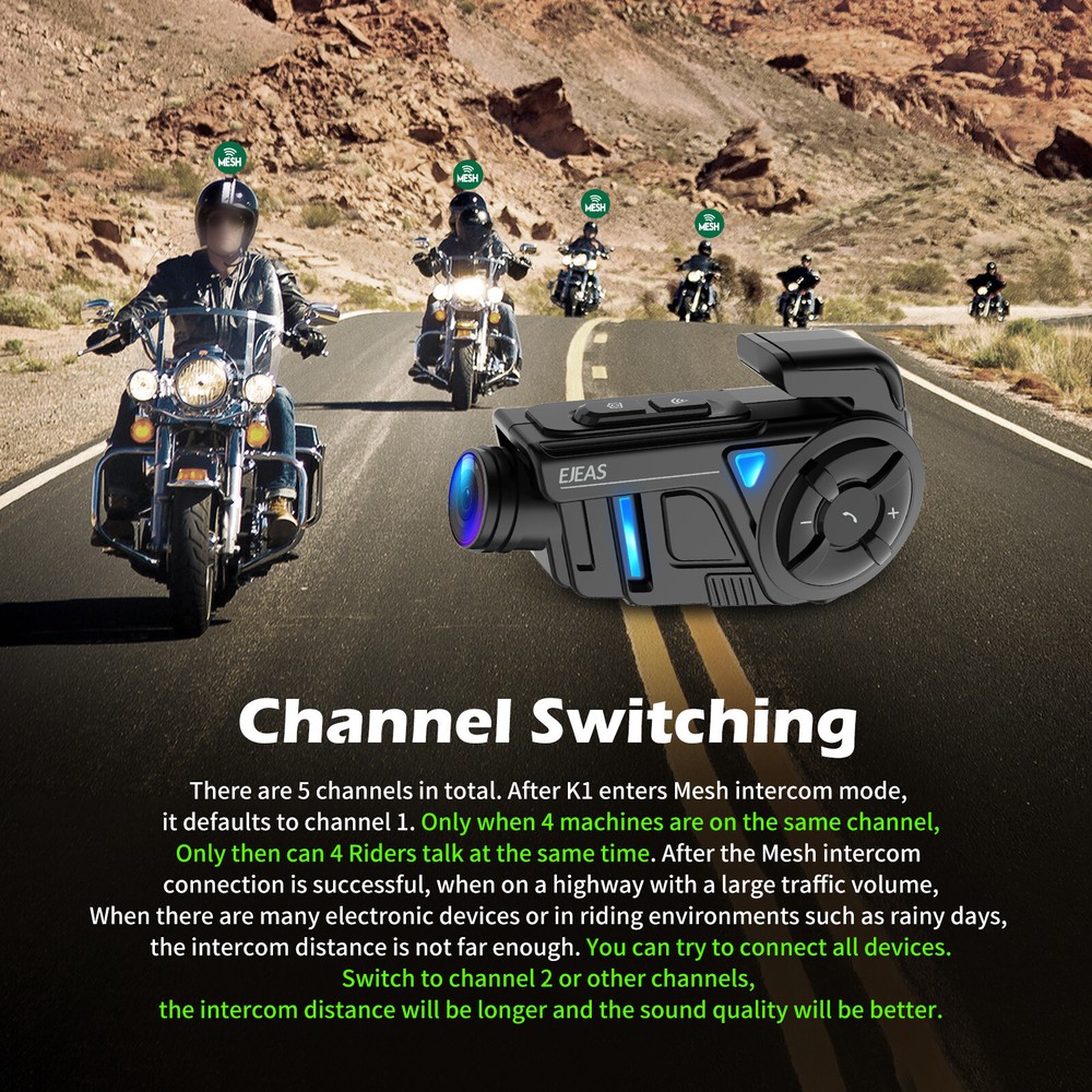 2 Set Motorcycle Bluetooth Mesh Intercom with 2K Camera Recorder for 2 Rider