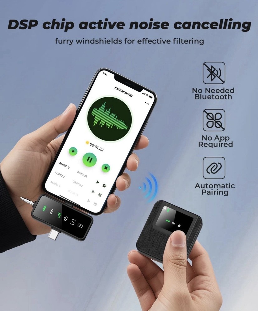 3-in-1 Mini Microphone for iPhone, Android, Camera - 328ft Long Range, 20H Ba...