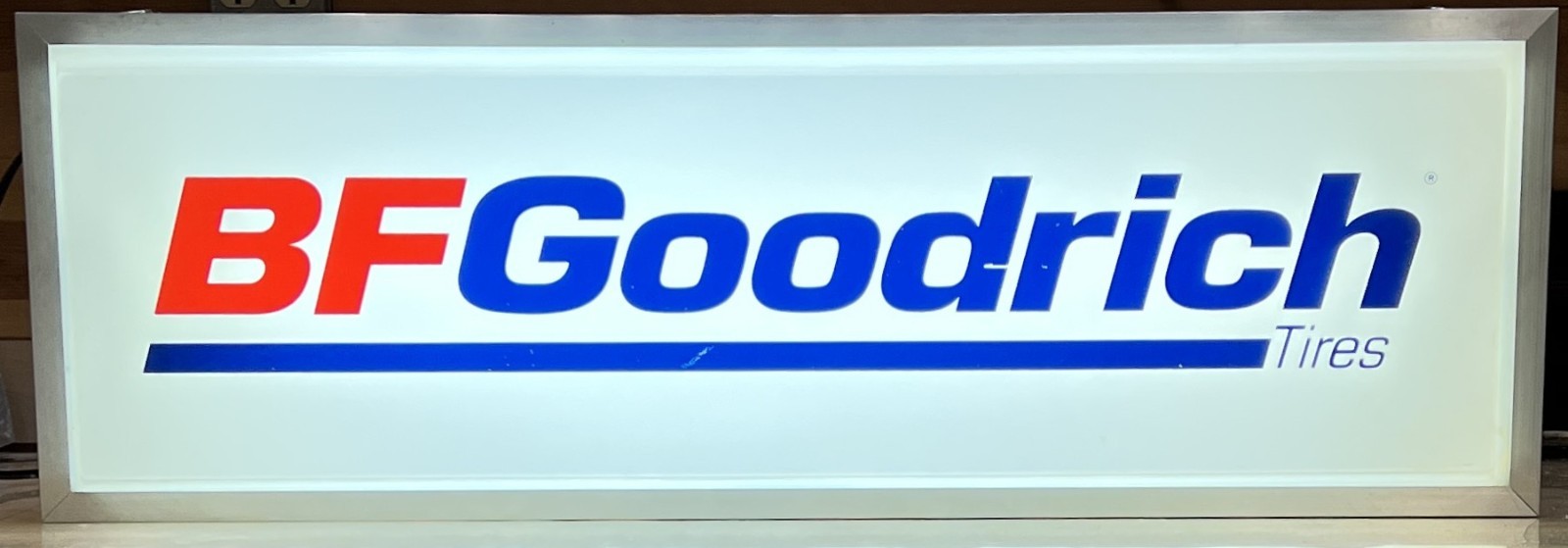 BF Goodrich Lighted Tire Dealer Sign White Blue Letters Single Sided Hanging
