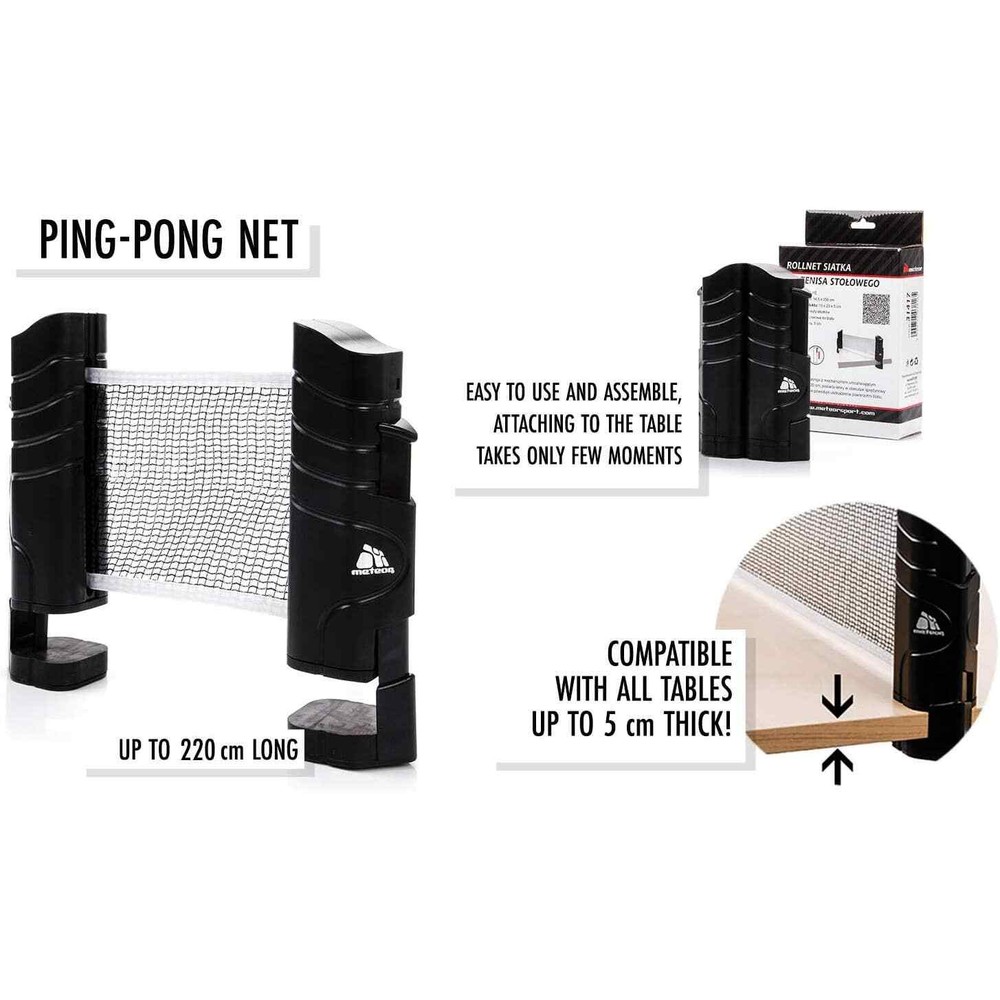 Meteor Table Tennis Nets Extendable Black - Retractable Net 220 x 14.5 cm