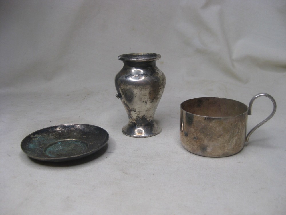 3 * as-is small silver-plated items *damaged mini vase dish handled 90 Brazil
