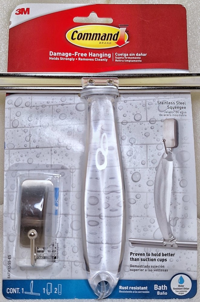 3M BATH32-SS-ES Command Shower Squeegee Hook Nickel Caddy Damage-Free Hanging