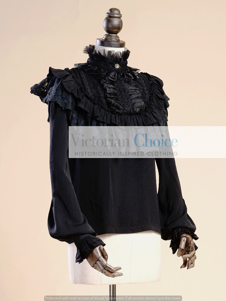 Victorian Edwardian Gothic High Collar Black Blouse Shirt Steampunk Witch B008