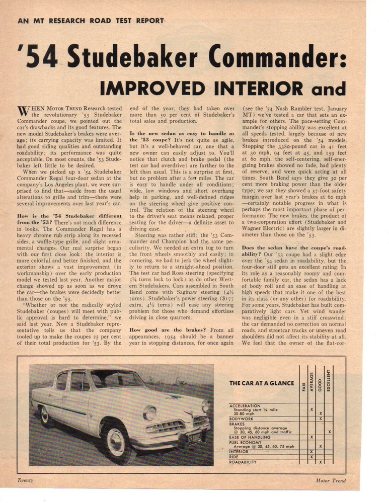 1954 STUDEBAKER COMMANDER 233/120 HP ~ ORIGINAL 4-PAGE ROAD TEST / ARTICLE / AD