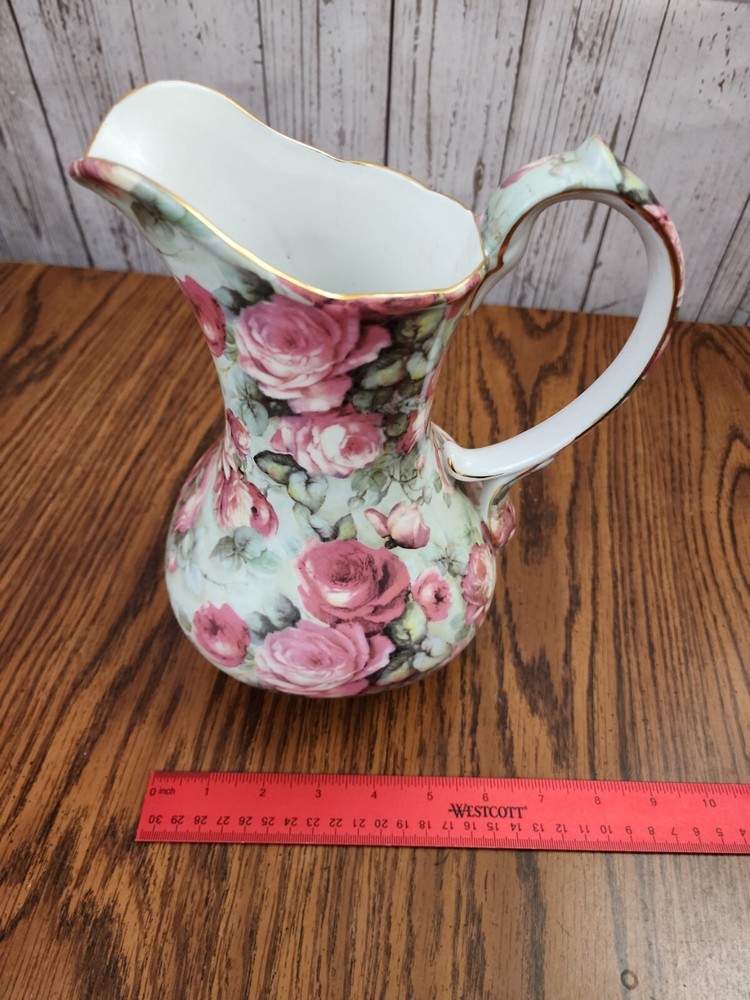 Formalities Multi-Pink Rose Pitcher Baum Brothers Unique Background & Gold Trim