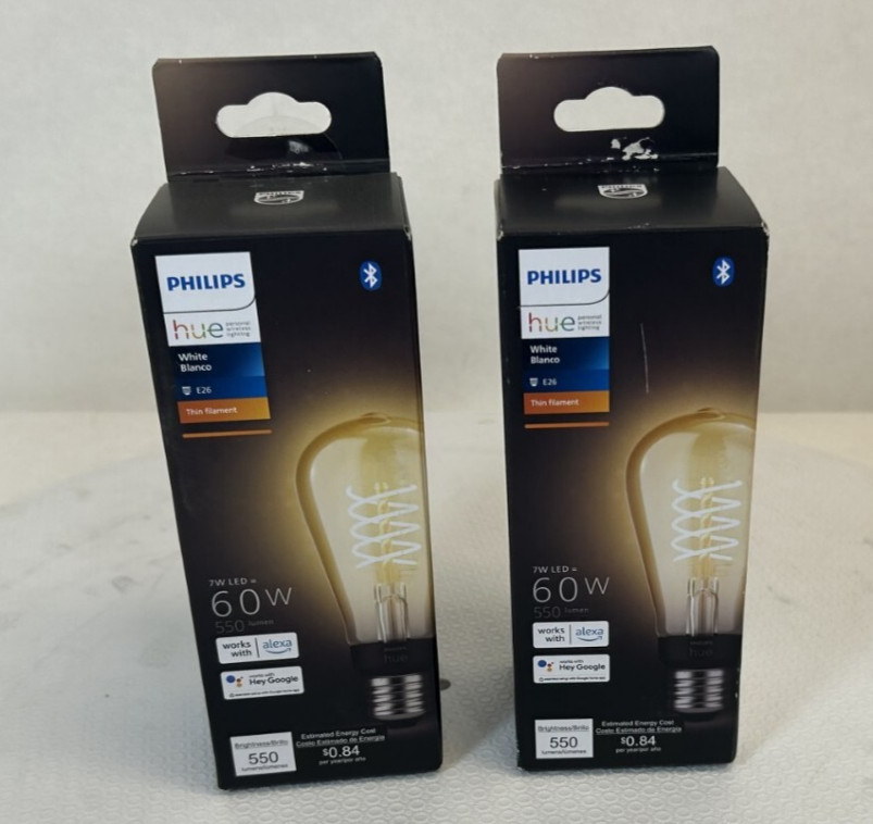 2x -Philips Hue Dimmable Warm White Vintage Smart ST19 Edison Bulb, Bluetooth
