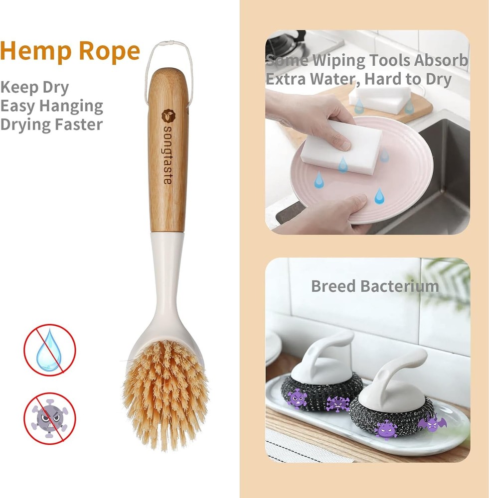 2 Pack Kitchen Dish Brush Bamboo Handle Dish Scrubber Built-in Scraper, Scrub