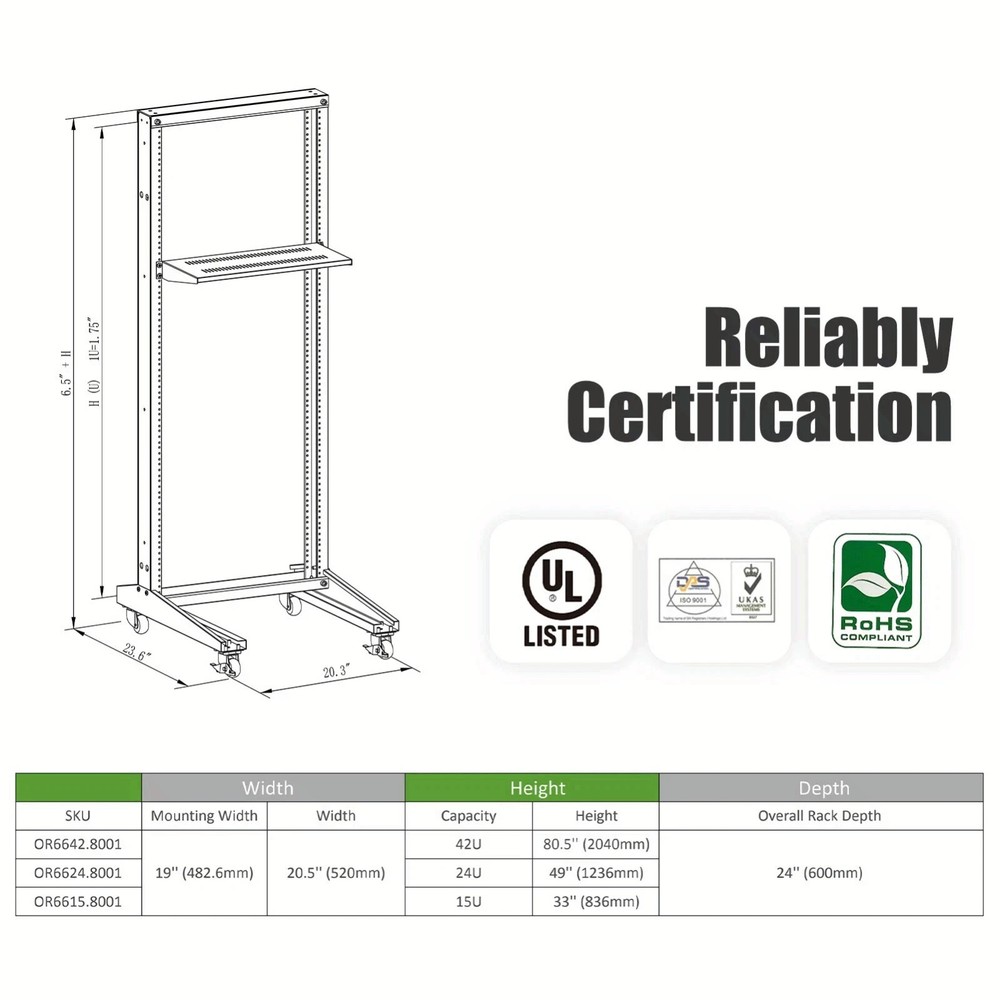 42U Movable 19inch 2 Post Open Frame Heavy Duty IT Network Data Server Rack
