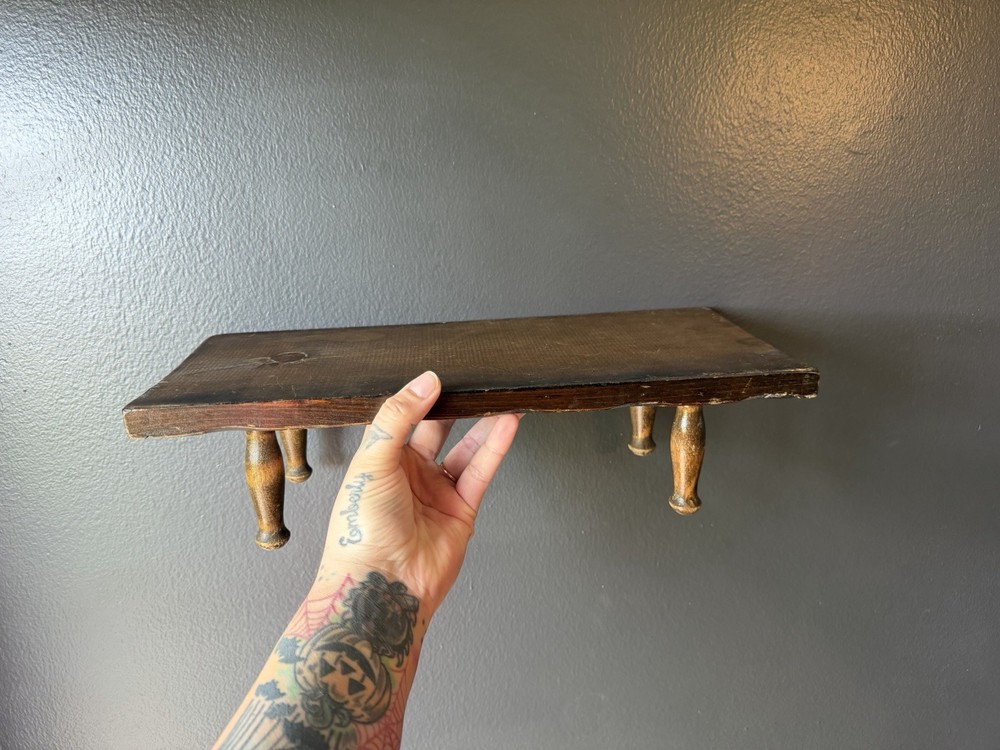 Primitive Brown Wood Shelf Riser with Turned Legs, Small, Rustic Display Stand