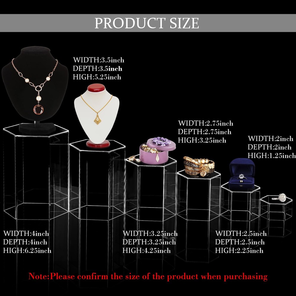 Hexagonal Acrylic Display Risers 12Pc Clear Stand Set for Jewelry Figures