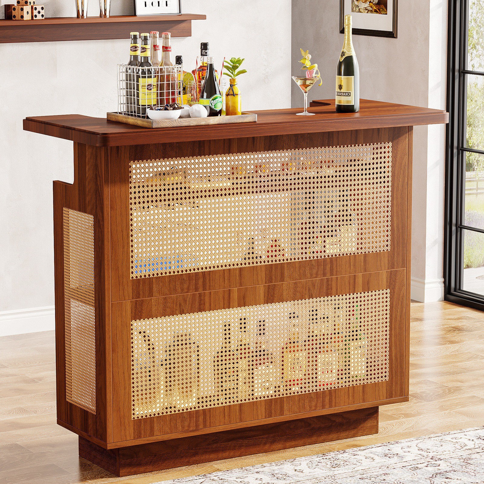 Home Bar Unit, 4-Tier Liquor Bar Table Mini Bar with Wine Racks and Glass Holder