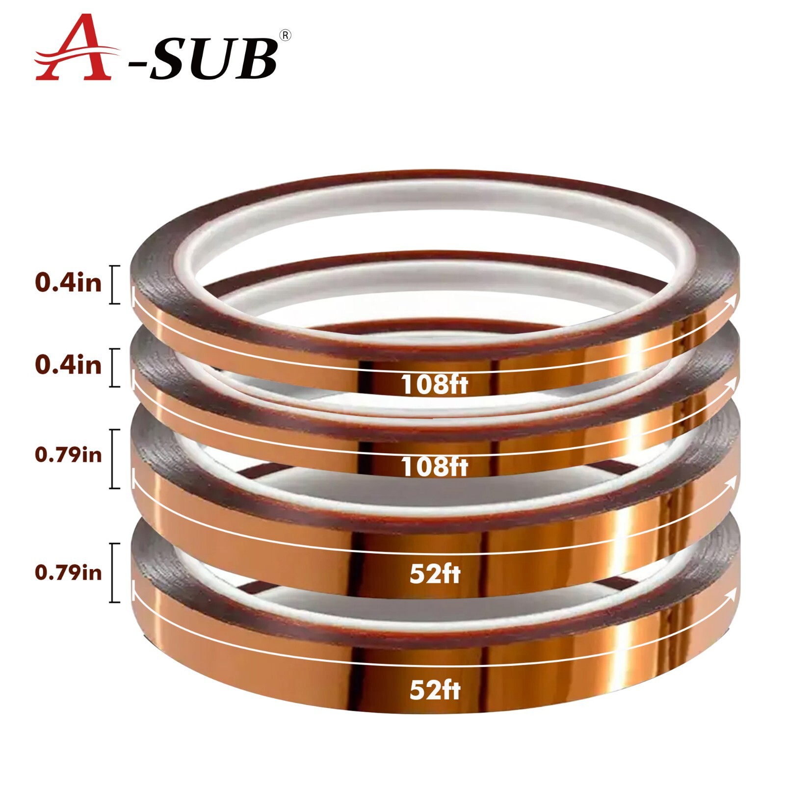 A-SUB 4 Rolls Polyimide High Temperature Tapes Heat Resistant Kapton 10mm, 20mm