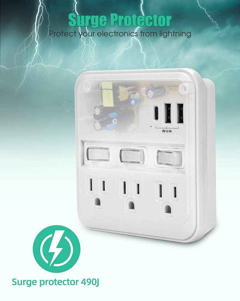 Alitayee Wall Outlet Extender Surge Protector, USB Power Strips with WHITE