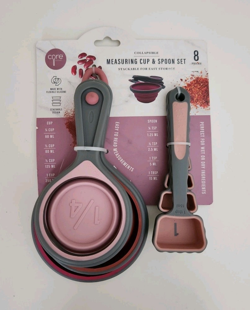 CORE KITCHEN 8pc Collapsible Measuring Cup & Spoons Set, flexible silicone.