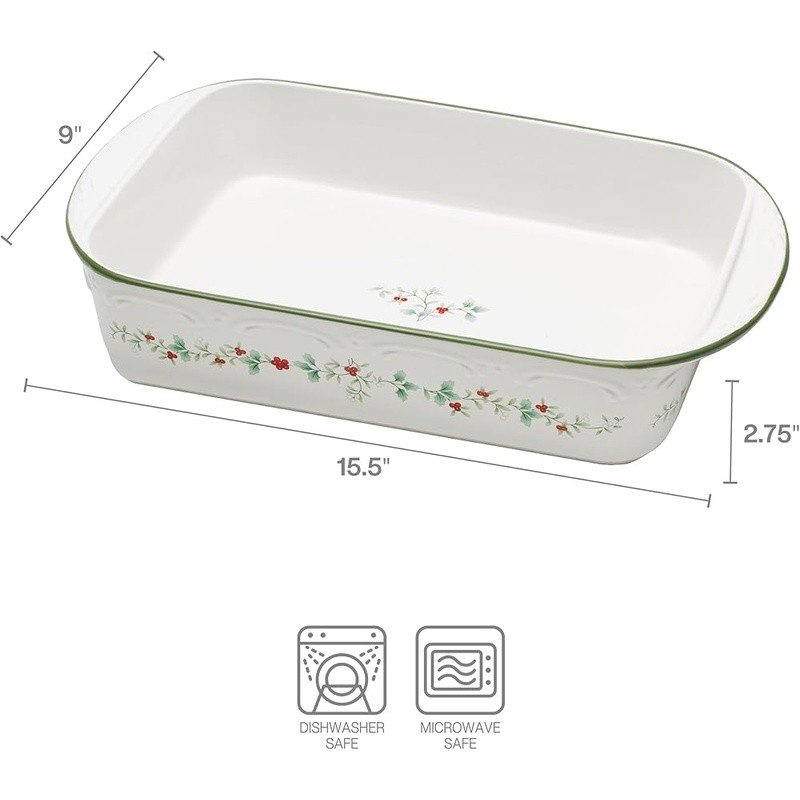 Festive Rectangular Stoneware Baker W/ Handles Baking Lasagna Cheese Brownies US