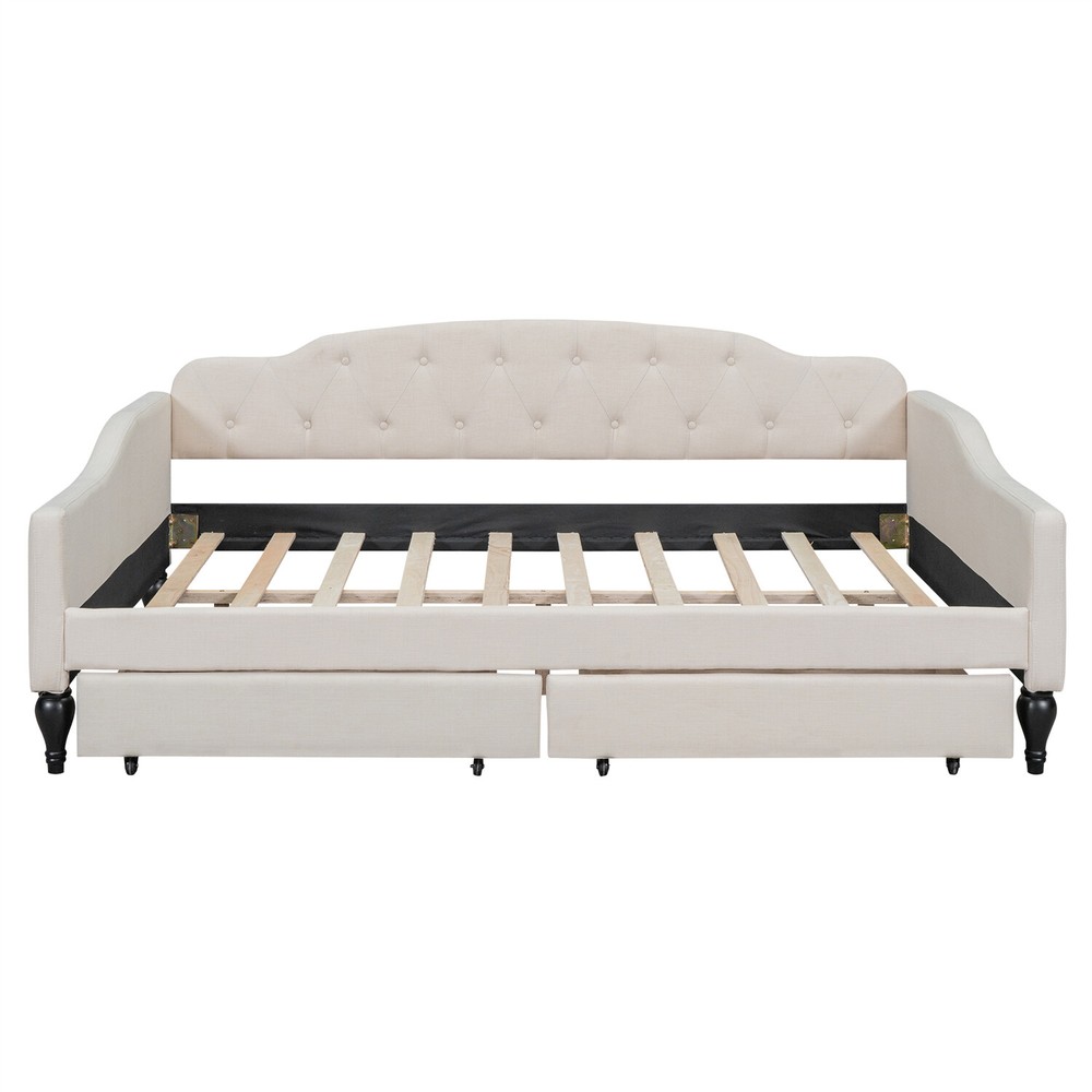 Full Size Daybed Upholstered Bed Frame Sofa Bed w/ 2 Storage Drawer Beige US