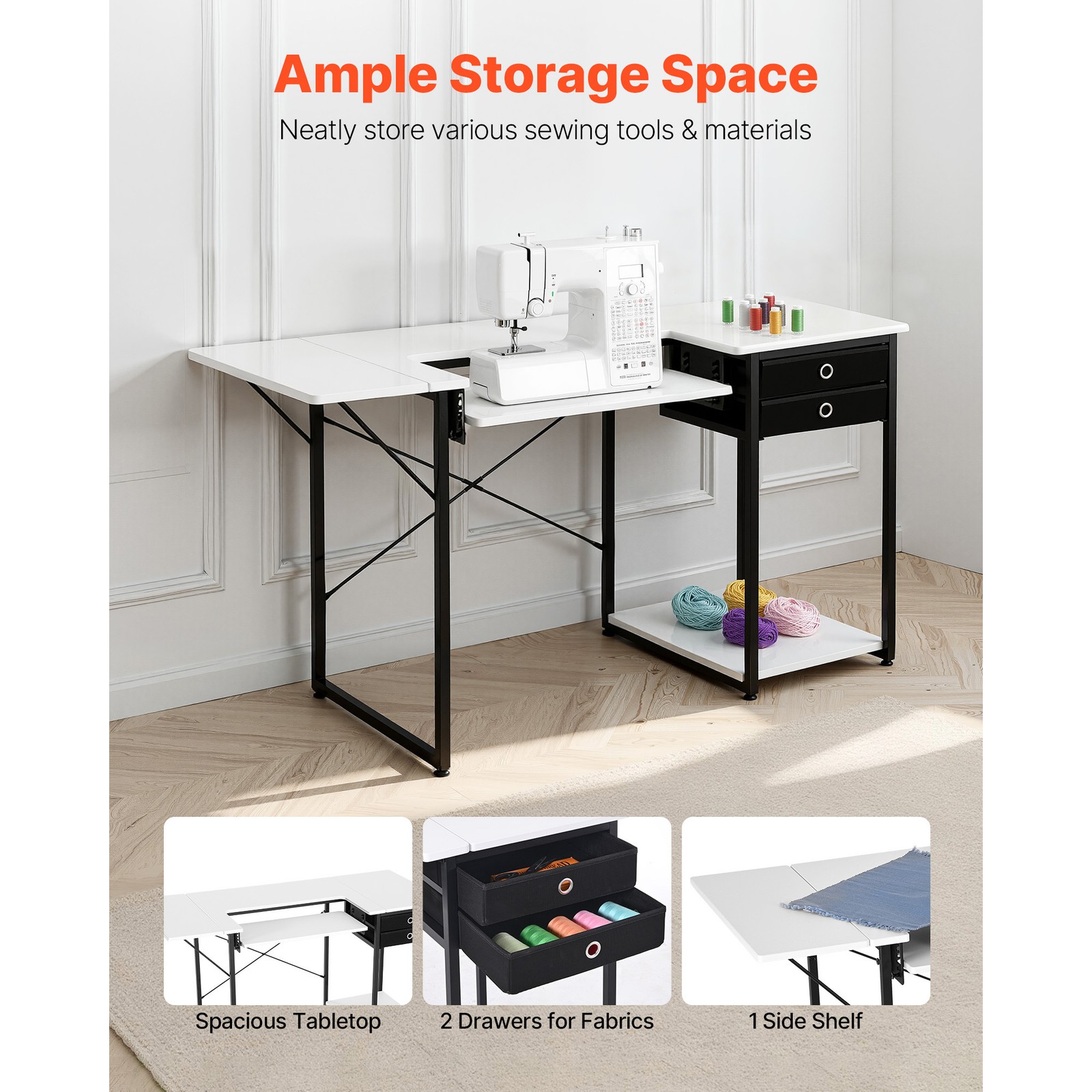 Uimoso Multipurpose Sewing Machine Table with Drawers and Foldable Shelf