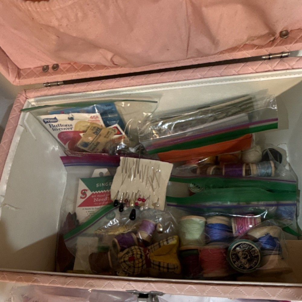 Vintage Assorted Sewing Supplies with Pink Box