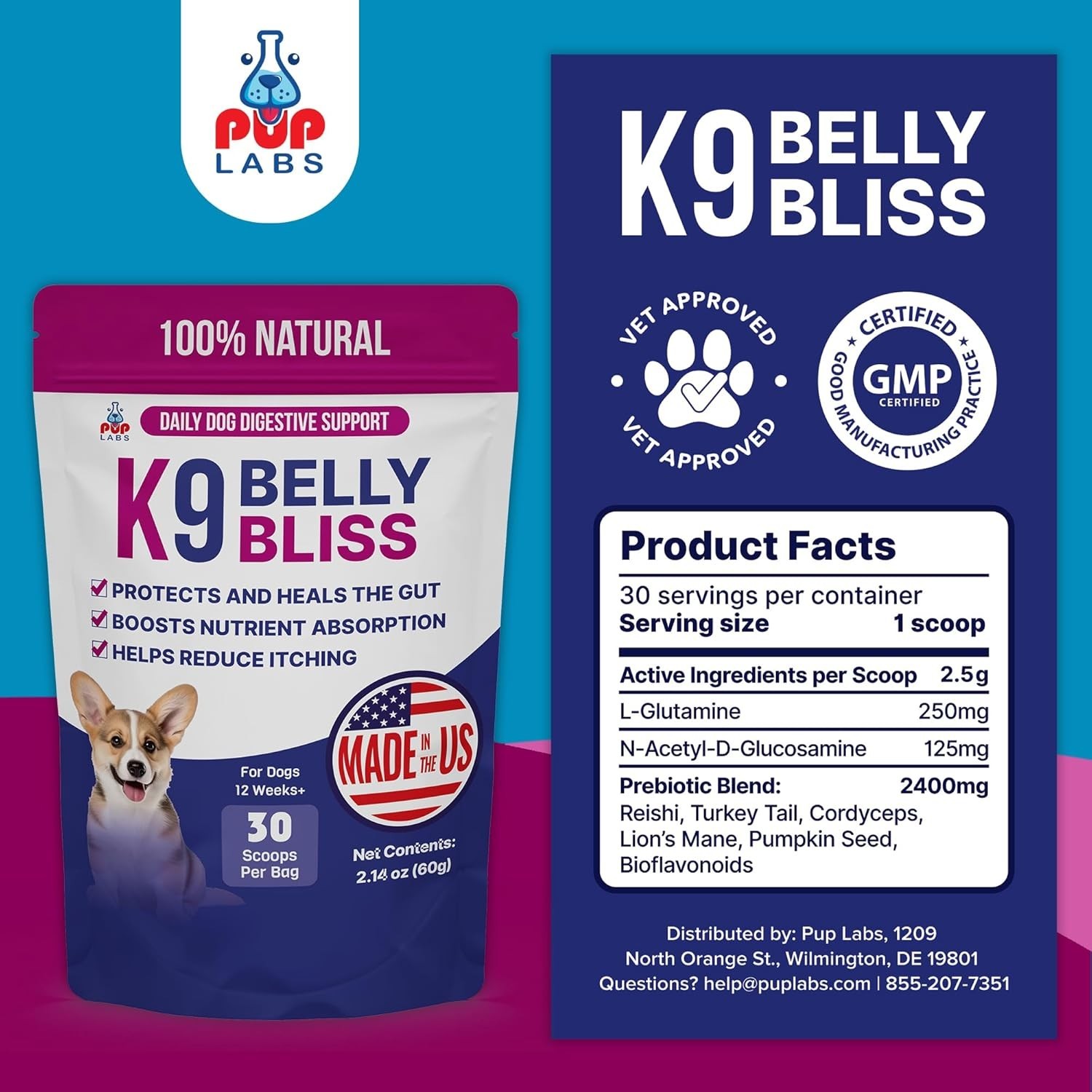 Pup Labs K9 Belly Bliss, All-natural Gut Health for dogs, Vet Approved Preb....