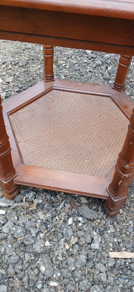 Mid-Century Modern Hexagonal Walnut Side Table With Glass Top & Cane Shelf