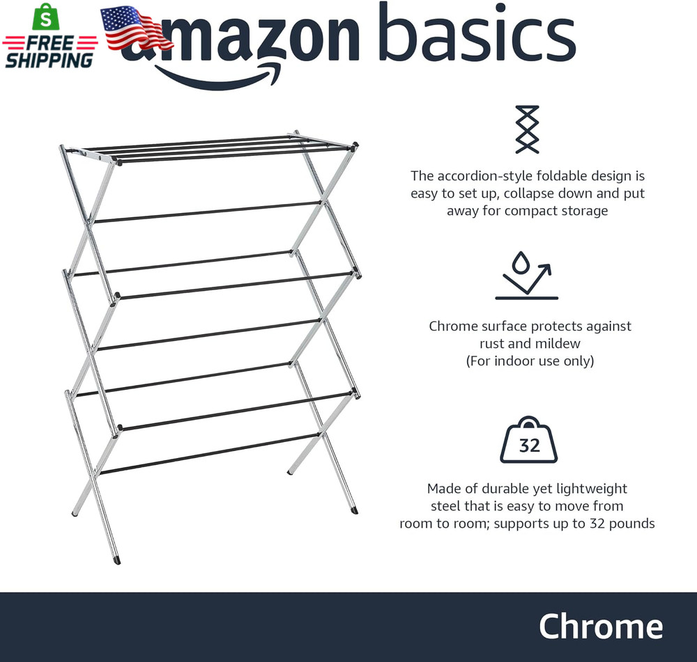 Amazon Basics Foldable Portable Metal Clothes Drying Rack for Indoor Air Drying,