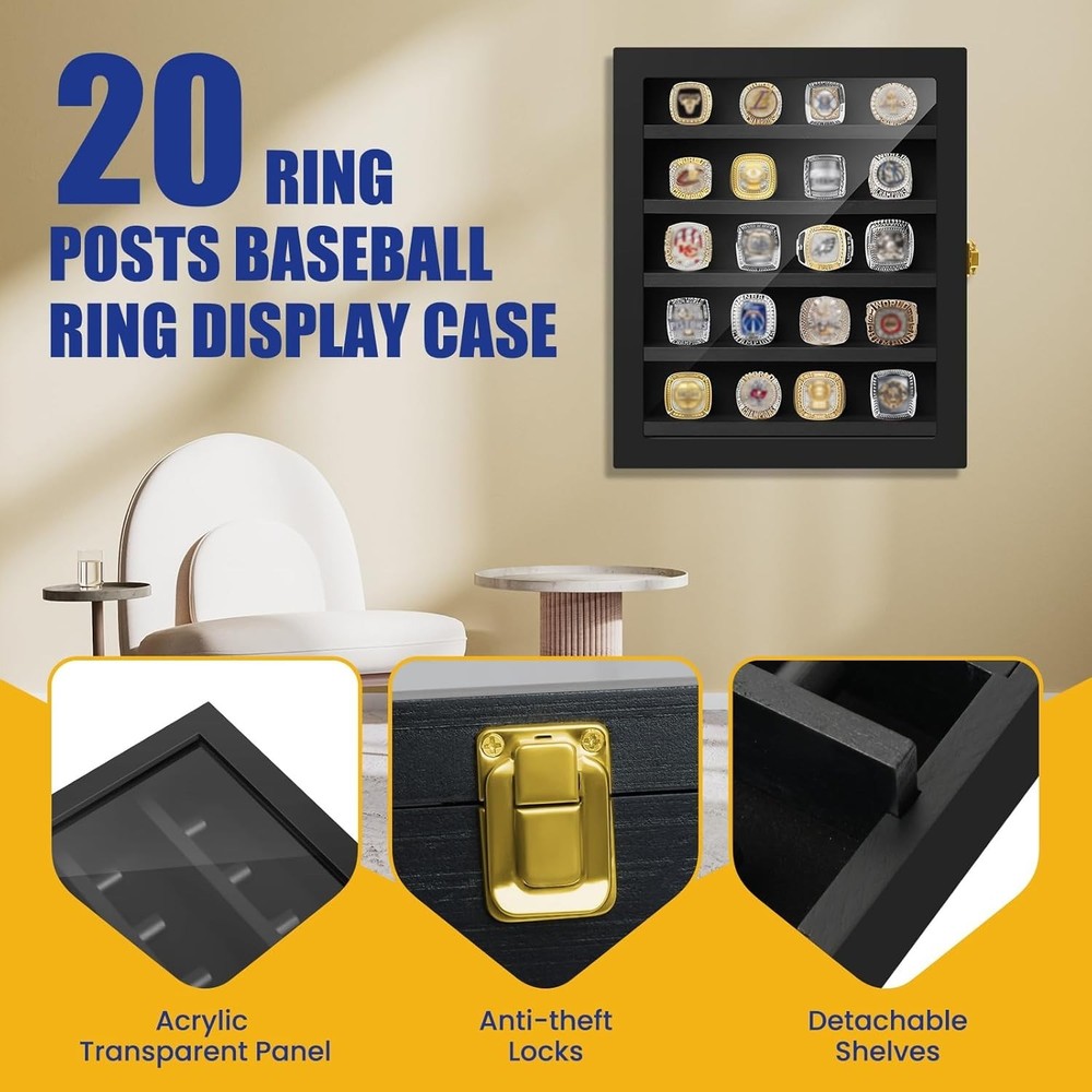Championship Ring Display Case - 20 Ring Posts Baseball Ring Holder with LED Lig