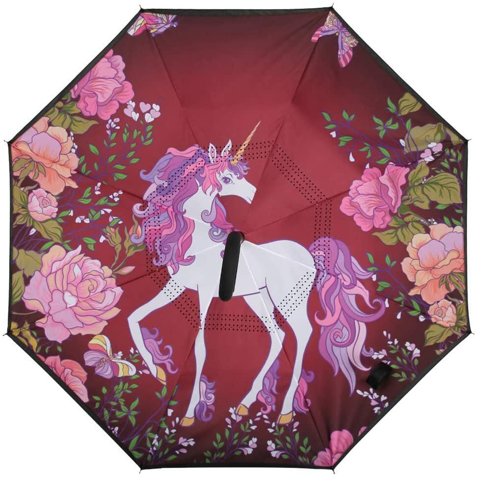 C-Handle Inverted Reverse Umbrella, Unicorn print (Inside-out, Upside-down)